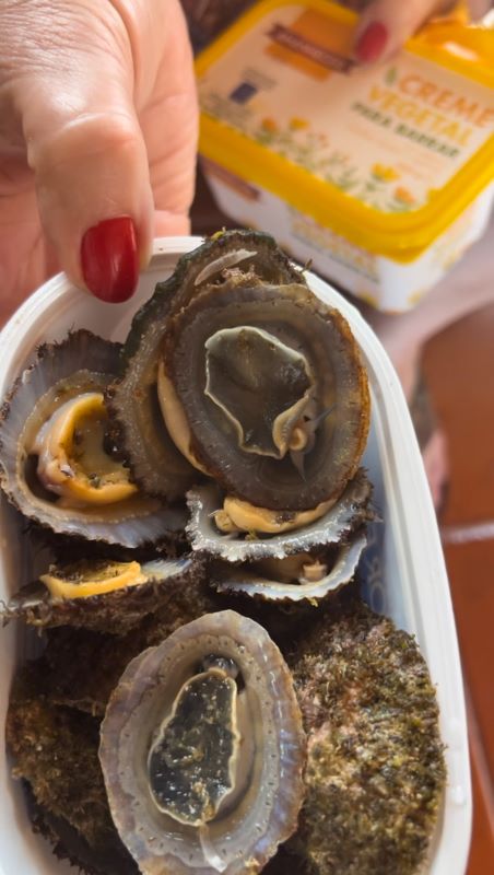 Raw lapas (limpets) in a tupperware container.